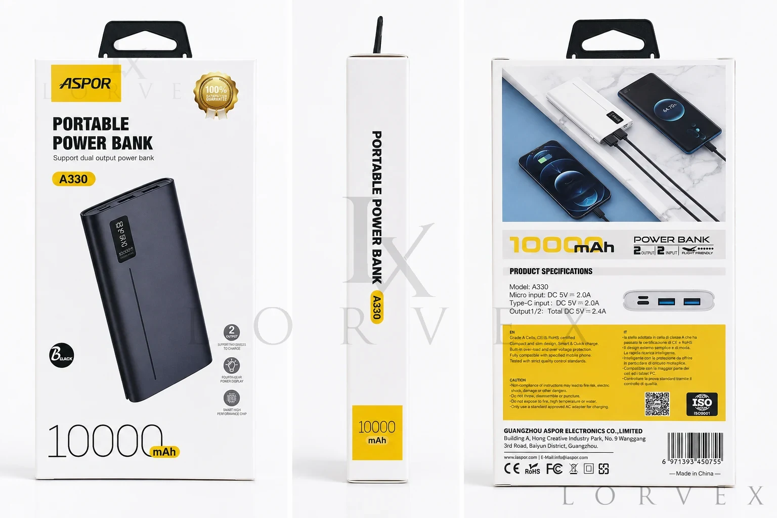 ASPOR A330 10,000mAh Dual-Output Portable Power Bank – Black