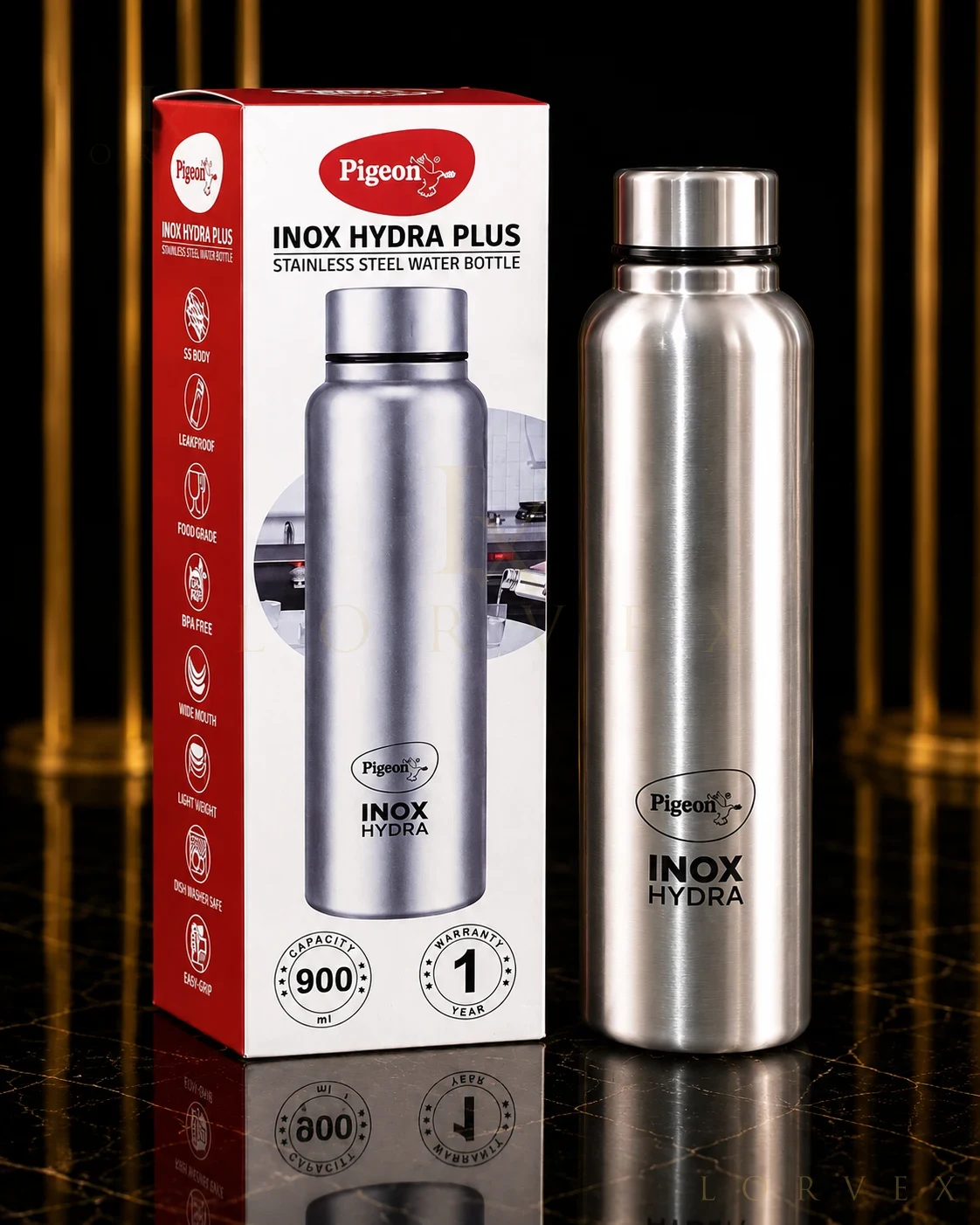 Pigeon Inox Hydra Plus Stainless Steel Water Bottle – 900ml – Silver | Original India Product