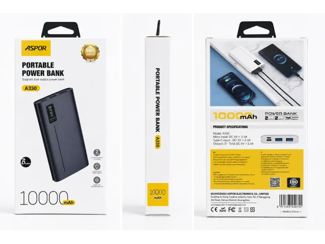 ASPOR A330 10,000mAh Dual-Output Portable Power Bank – Black