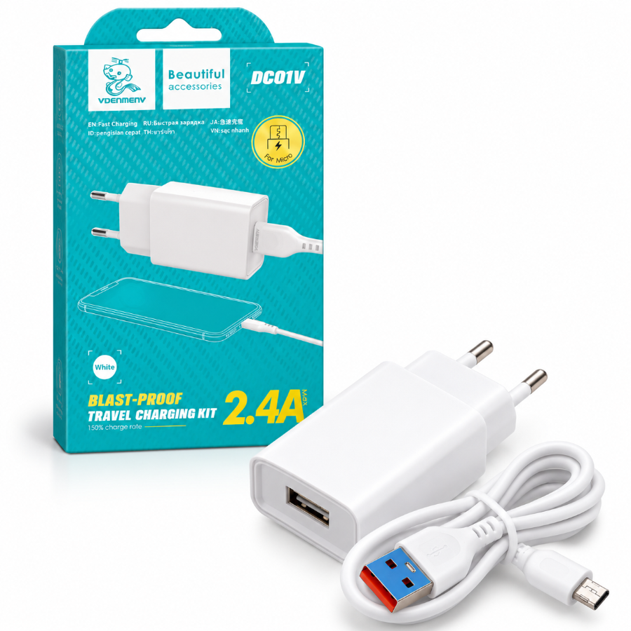 VDENMENV DC01V 2.4A USB Travel Charger with Micro USB Cable