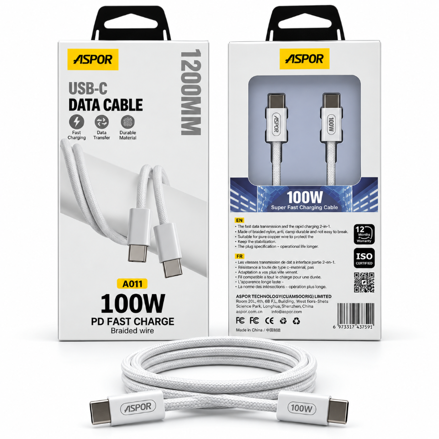 ASPOR A011 USB-C to USB-C Cable 1200mm – 100W PD Fast Charging Braided Cable