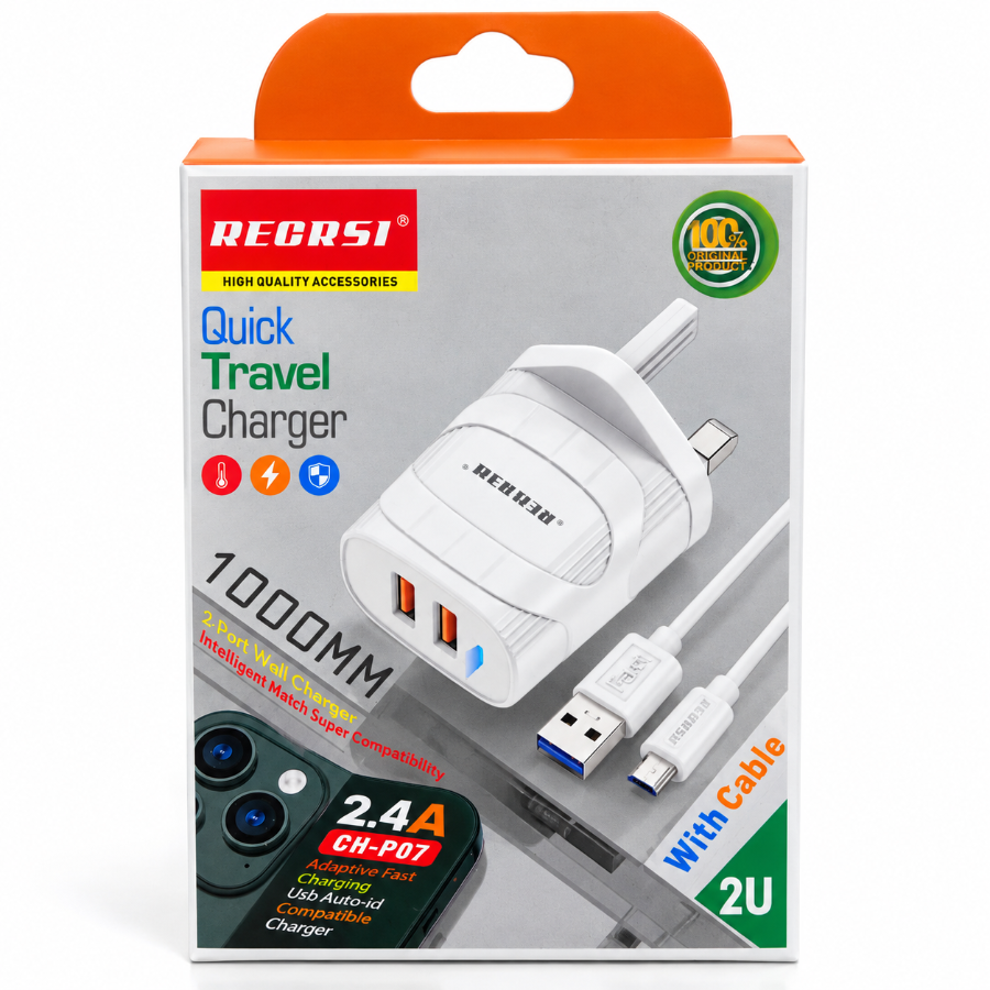 RECRSI CH-P07 2.4A Dual USB Travel Charger with 1M Micro USB Cable