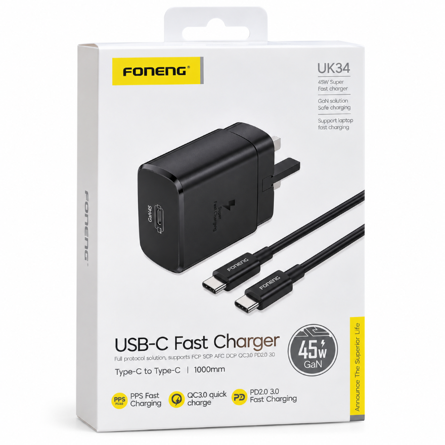 FONENG UK34 45W GaN USB-C Fast Charger with Type-C to Type-C 1000mm Cable