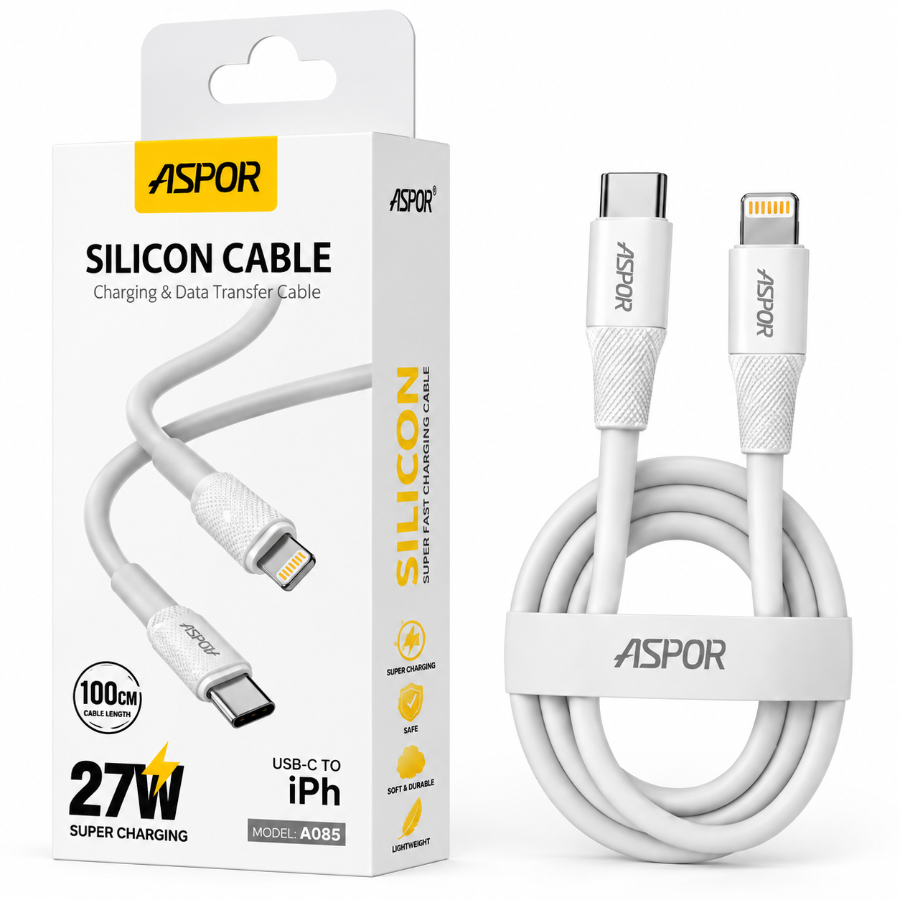 ASPOR A085 27W USB-C to iPhone Silicone Charging & Data Transfer Cable – 100cm