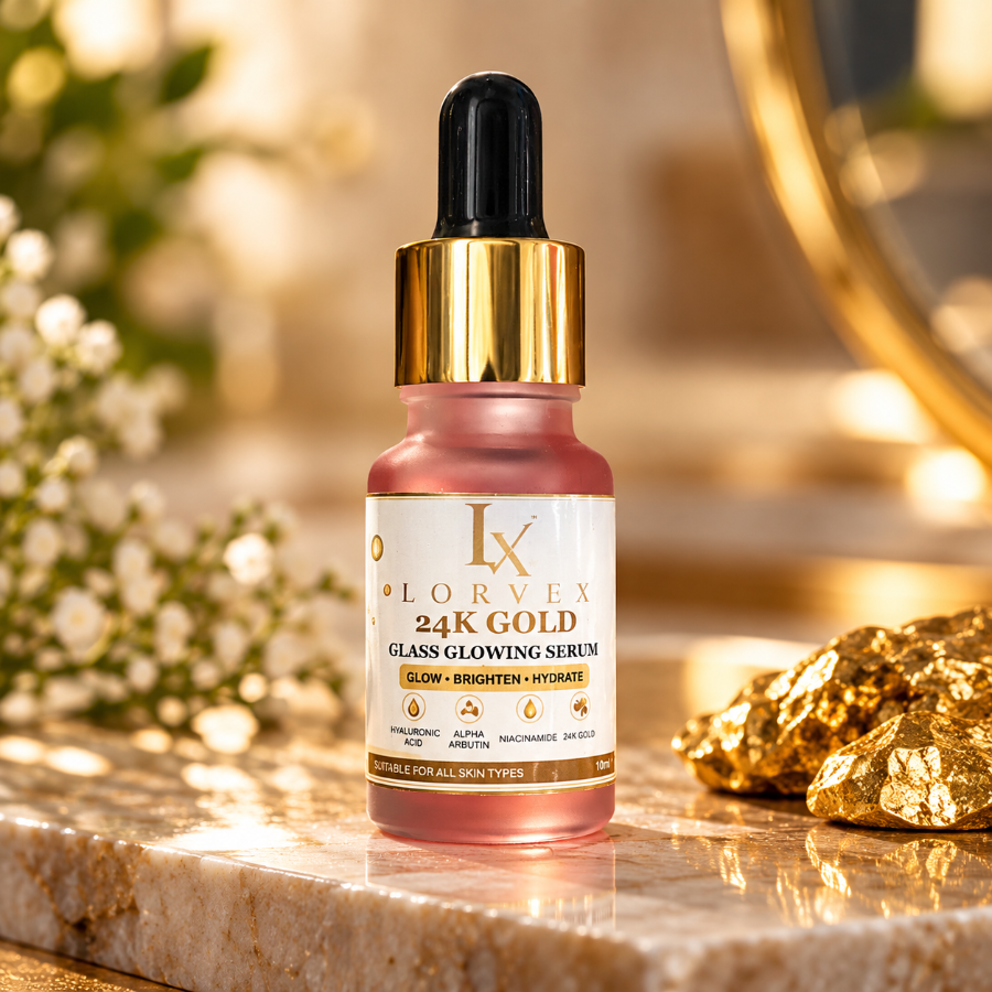 Lorvex 24K Gold Glass Glowing Serum – Premium Face Brightening & Hydrating Serum 15ml